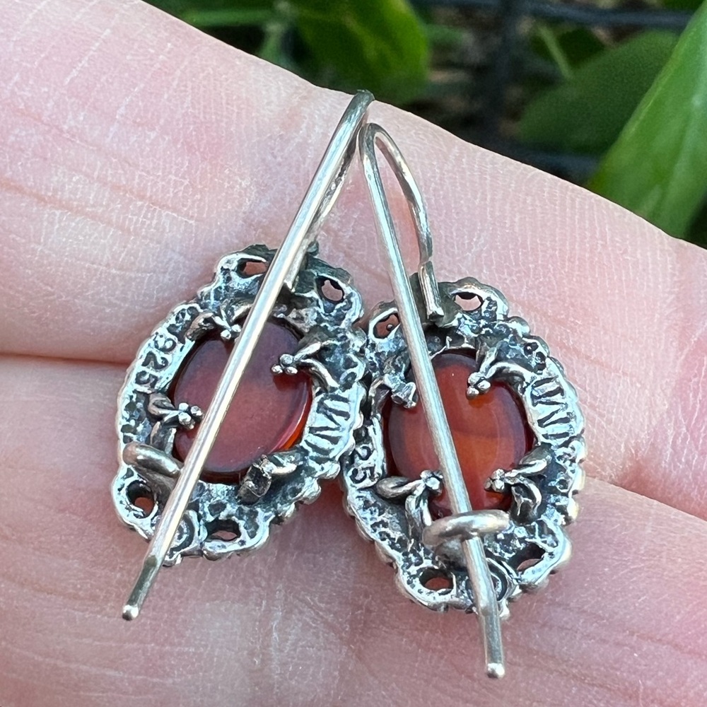 VINTAGE 925 STERLING SLVR OVAL AMBER SMALL ORNATE EARRINGS DROP DANGLE WIRE LOCK - Picture 11 of 16